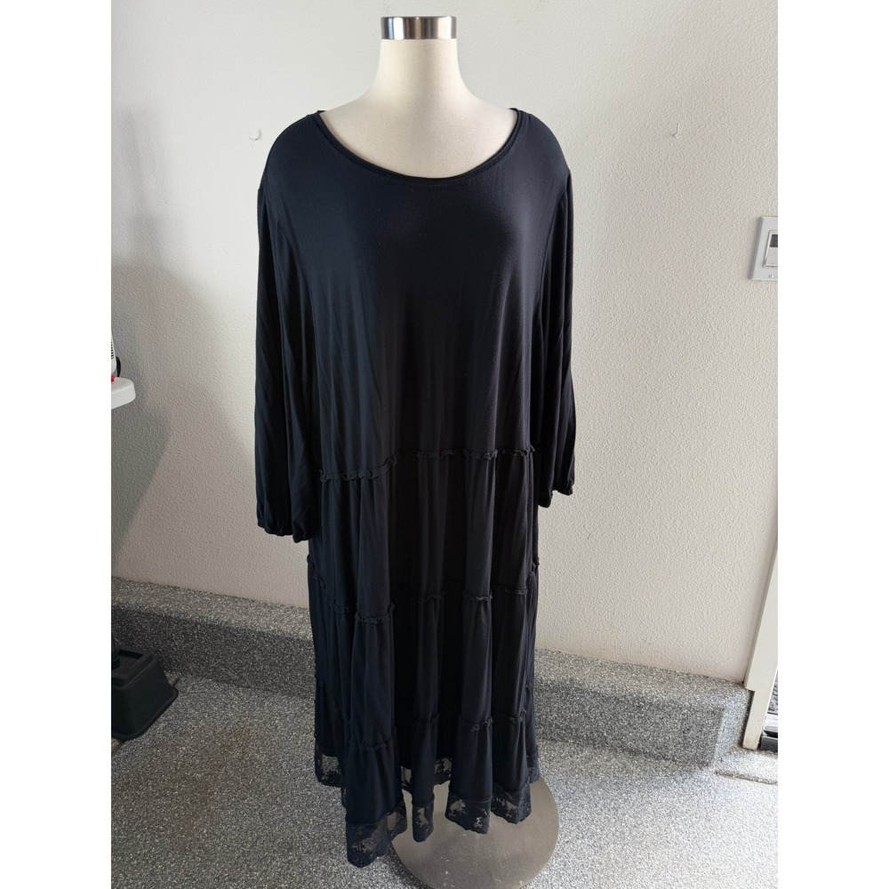 Coldwater Creek Womens Plus 3X Black Tiered Lace Trim Maxi Dress Long Sleeve